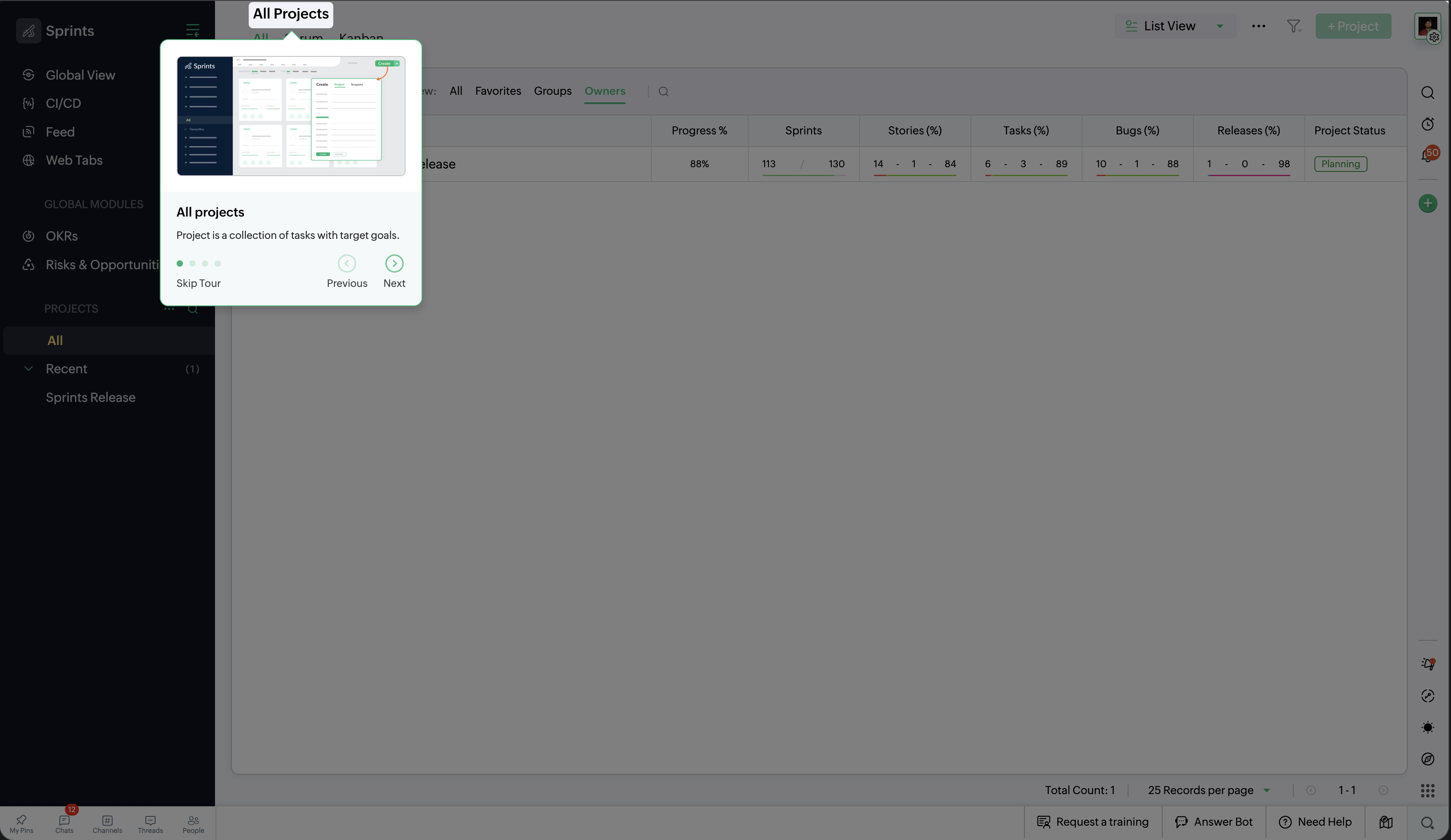 Live product tour — All Projects step with screenshot preview