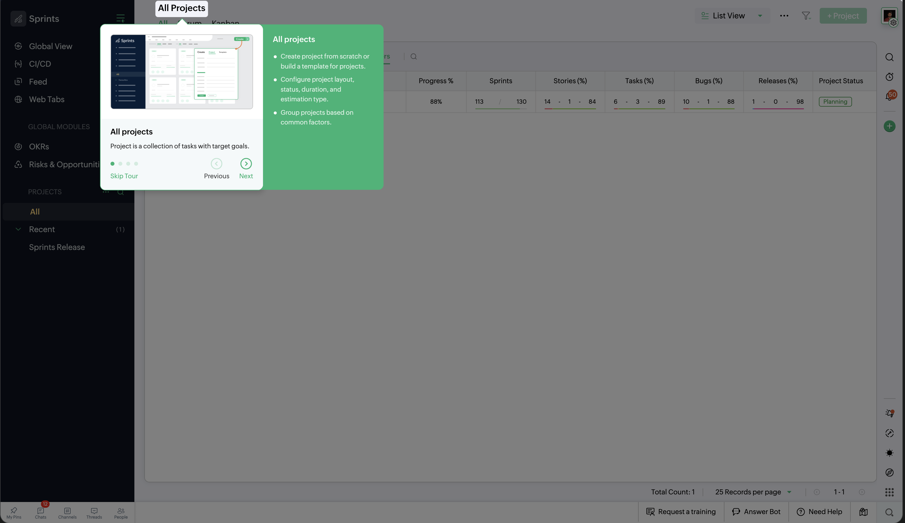 Live product tour — All Projects step with expanded bullet list