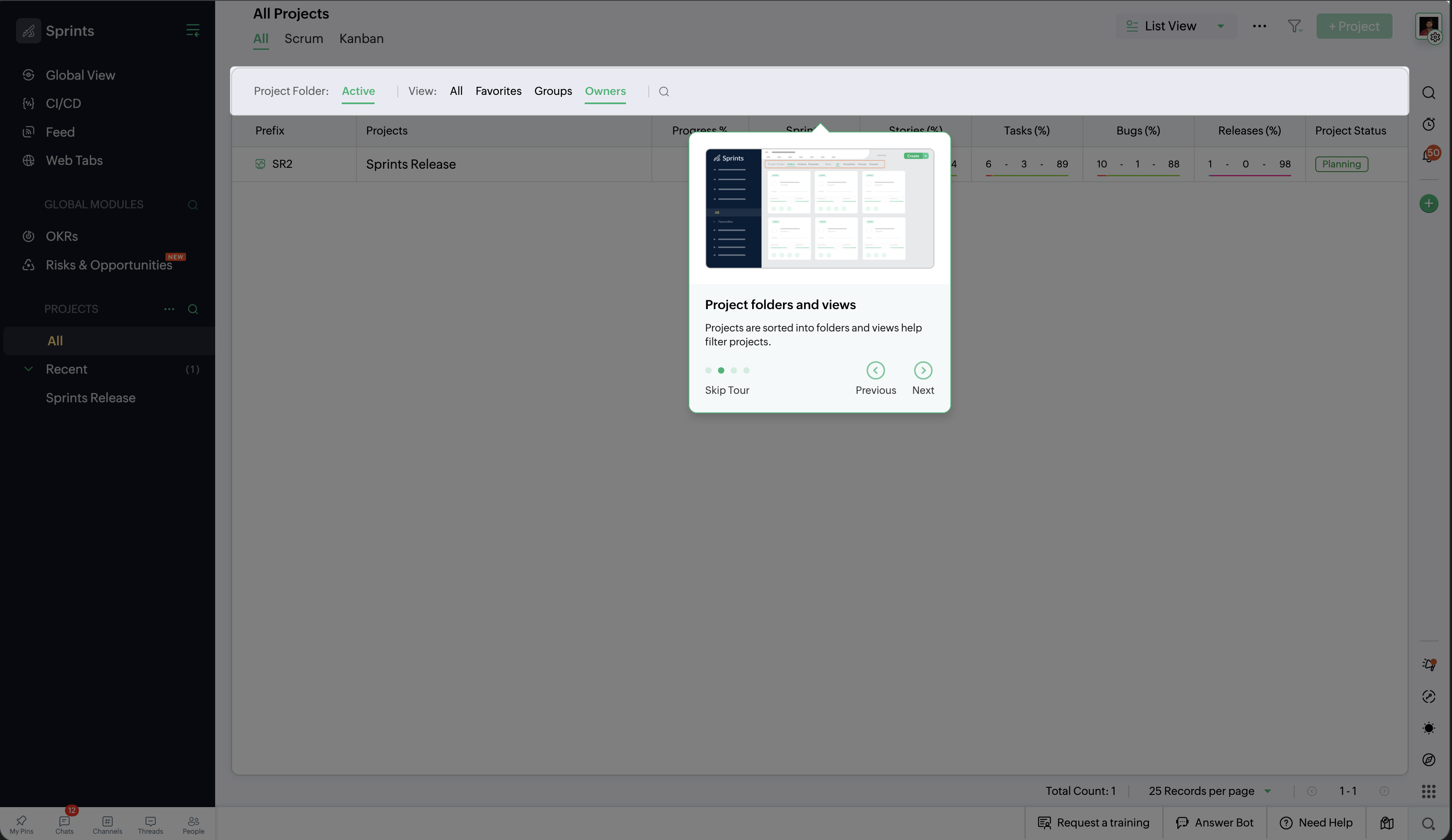 Product tour live in Zoho Sprints — All Projects page
