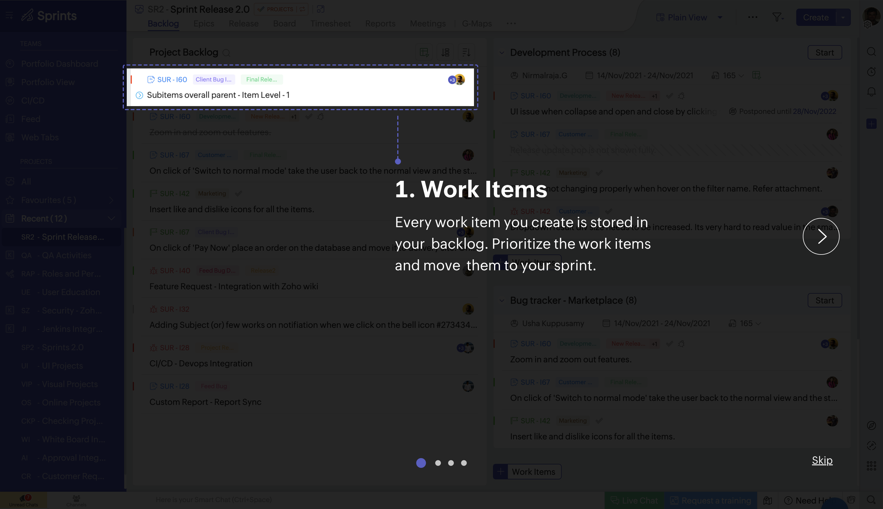 Option 1 — Step 1: Work Items with spotlight and large overlay text