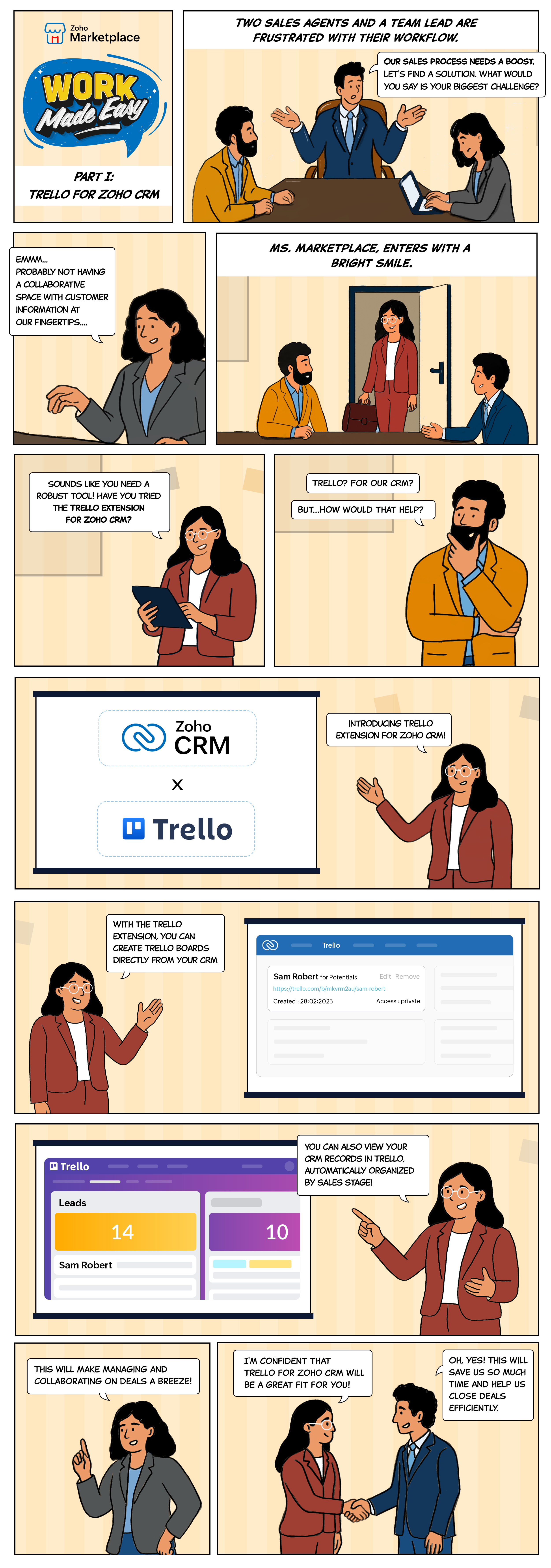 Trello x Zoho CRM comic strip illustration